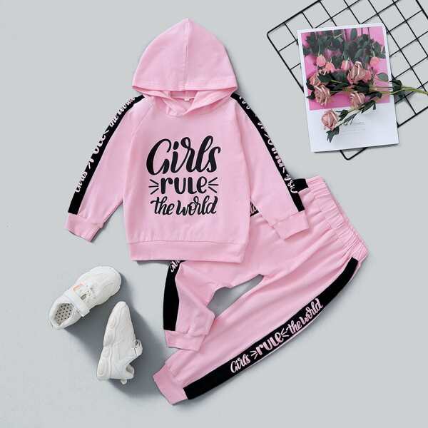

Toddler Girls Slogan Graphic Hoodie & Side Stripe Sweatpants, Baby pink