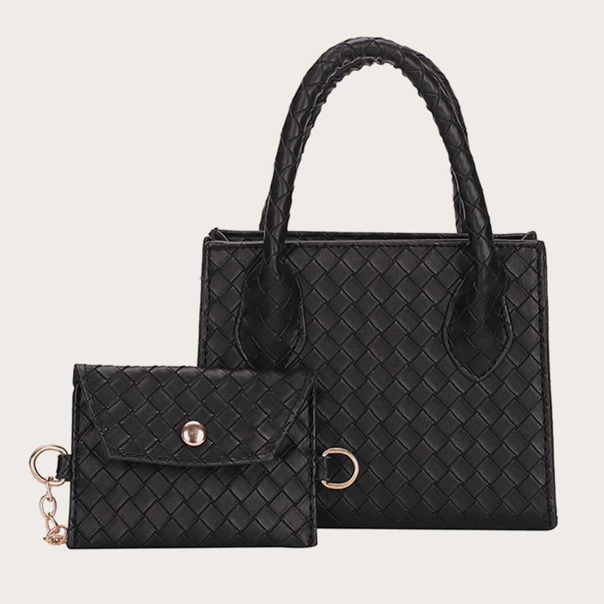 

Solid Woven Satchel Bag & Crossbody Bag, Black