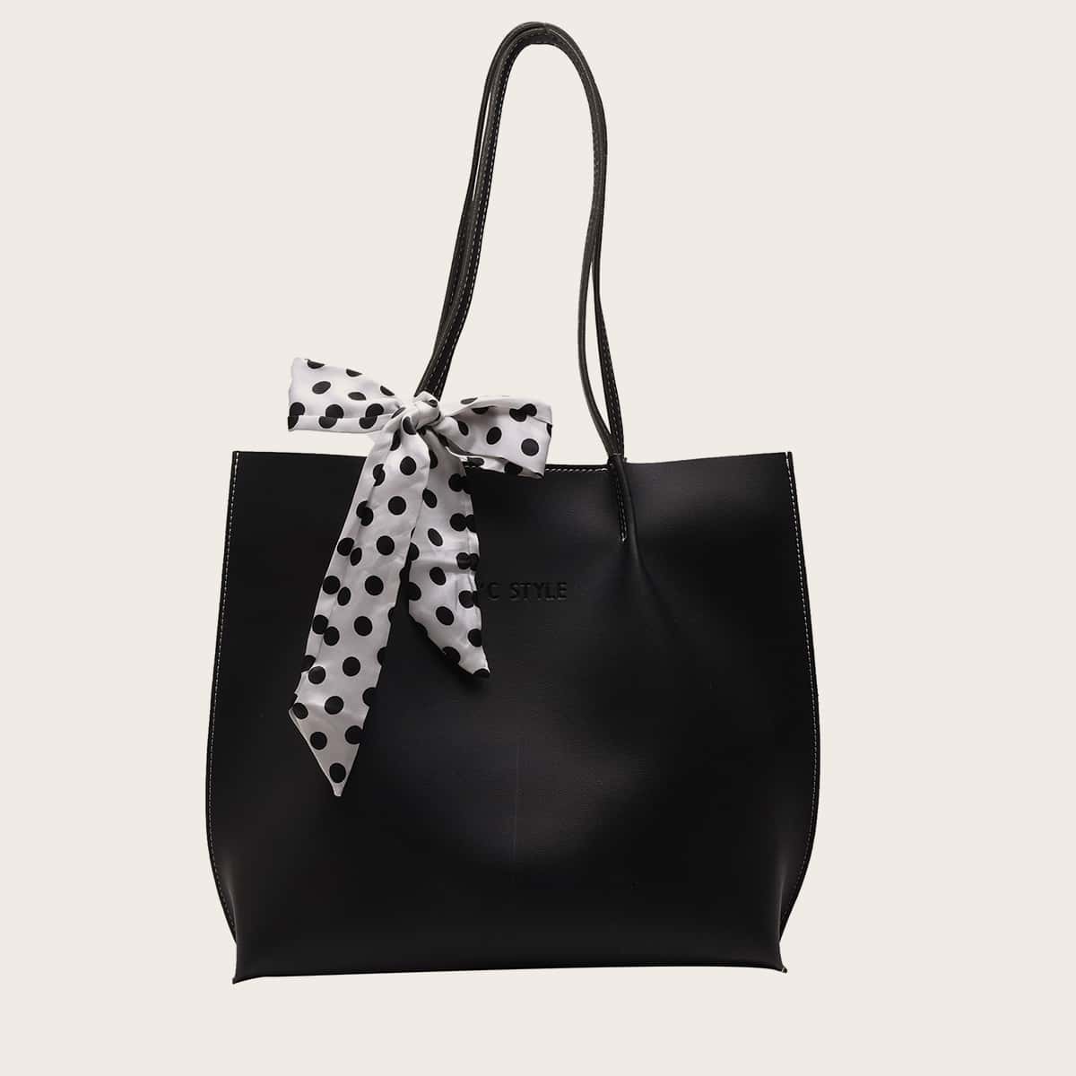 

Polka Dot Twilly Scarf Tote Bag Set, Black