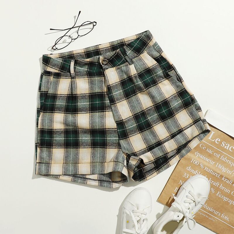 

Plaid Button Fly Cuffes Shorts, Multicolor