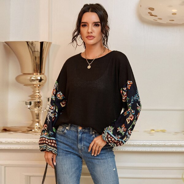 

Drop Shoulder Floral Print Waffle Knit Tee, Black