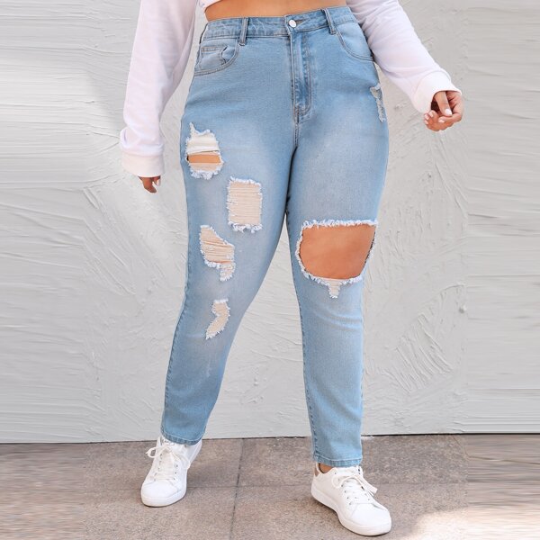 

Plus High-Rise Ripped Jeans, Light wash