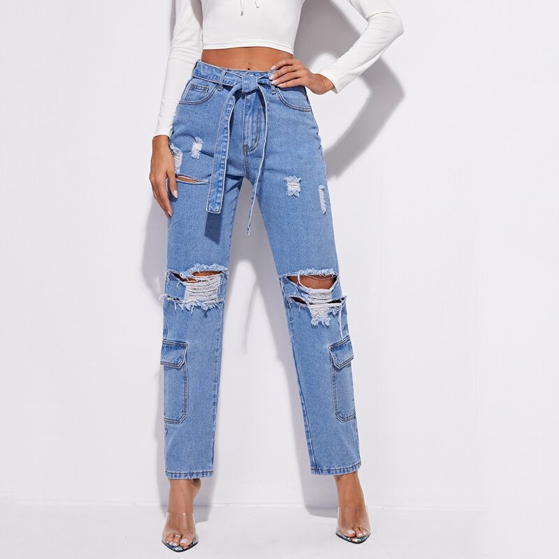 

High Waist Self Belted Flap Pocket Ripped Jeans, Light wash