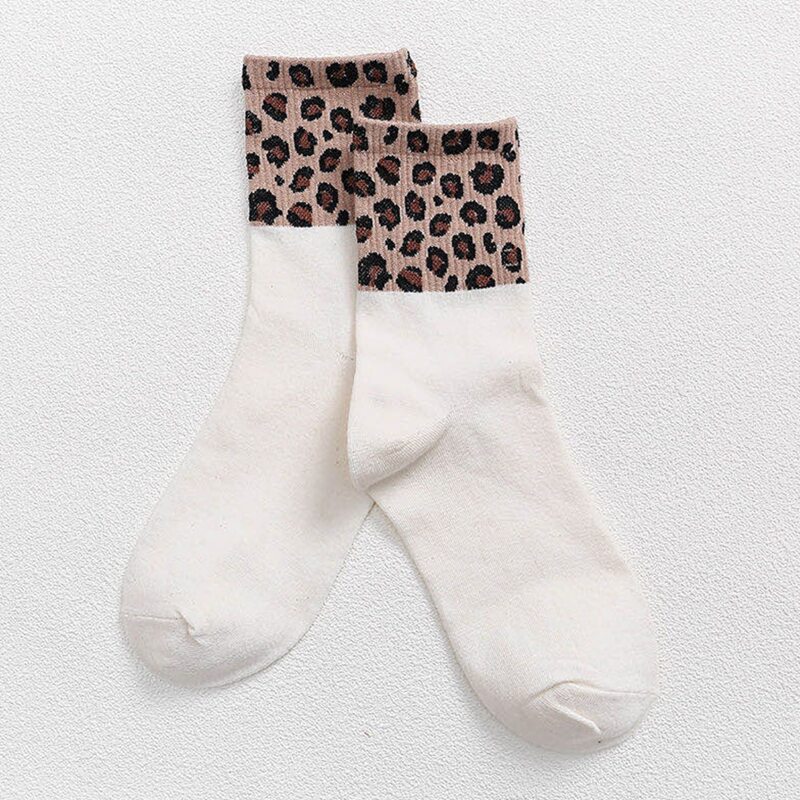 

Contrast Leopard Crew Socks, White