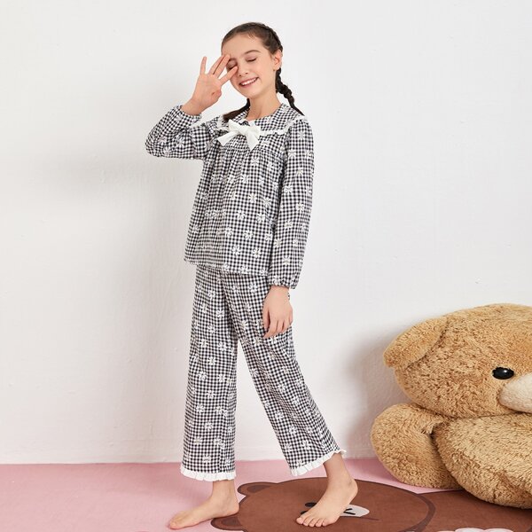 

Girls Bow Neck Floral & Gingham Top & Pants PJ Set, Black and white