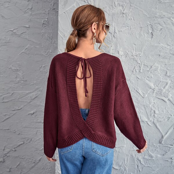 

Tie Back Backless Drop Shoulder Sweater, Maroon
