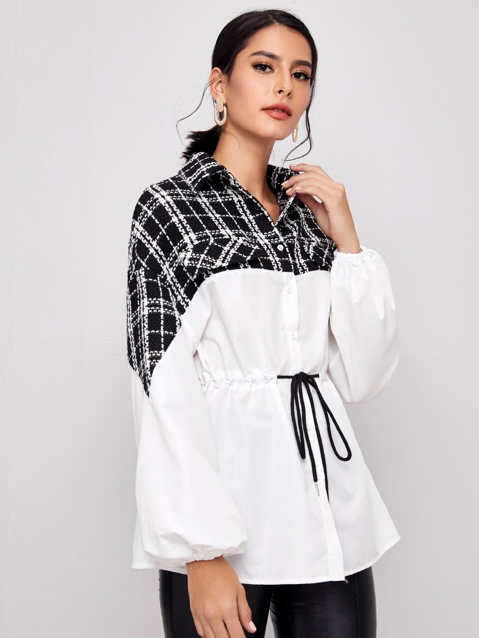 Tartan Tweed Panel Drawstring Waist Shirt