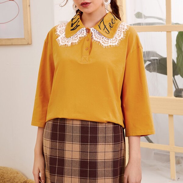 

Letter Graphic Lace Trim Polo Shirt, Mustard yellow