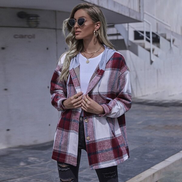 

Button Front Drawstring Hooded Plaid Coat, Multicolor