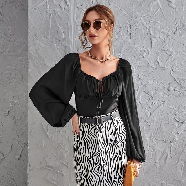 

Lantern Sleeve Tie Neck Ruched Bust Top, Black