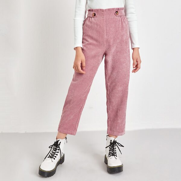 

Girls Paperbag Waist Buttoned Strap Cord Pants, Dusty pink