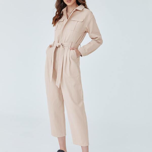 

Flap Pocket Self Belted Shirt Jumpsuit, Apricot