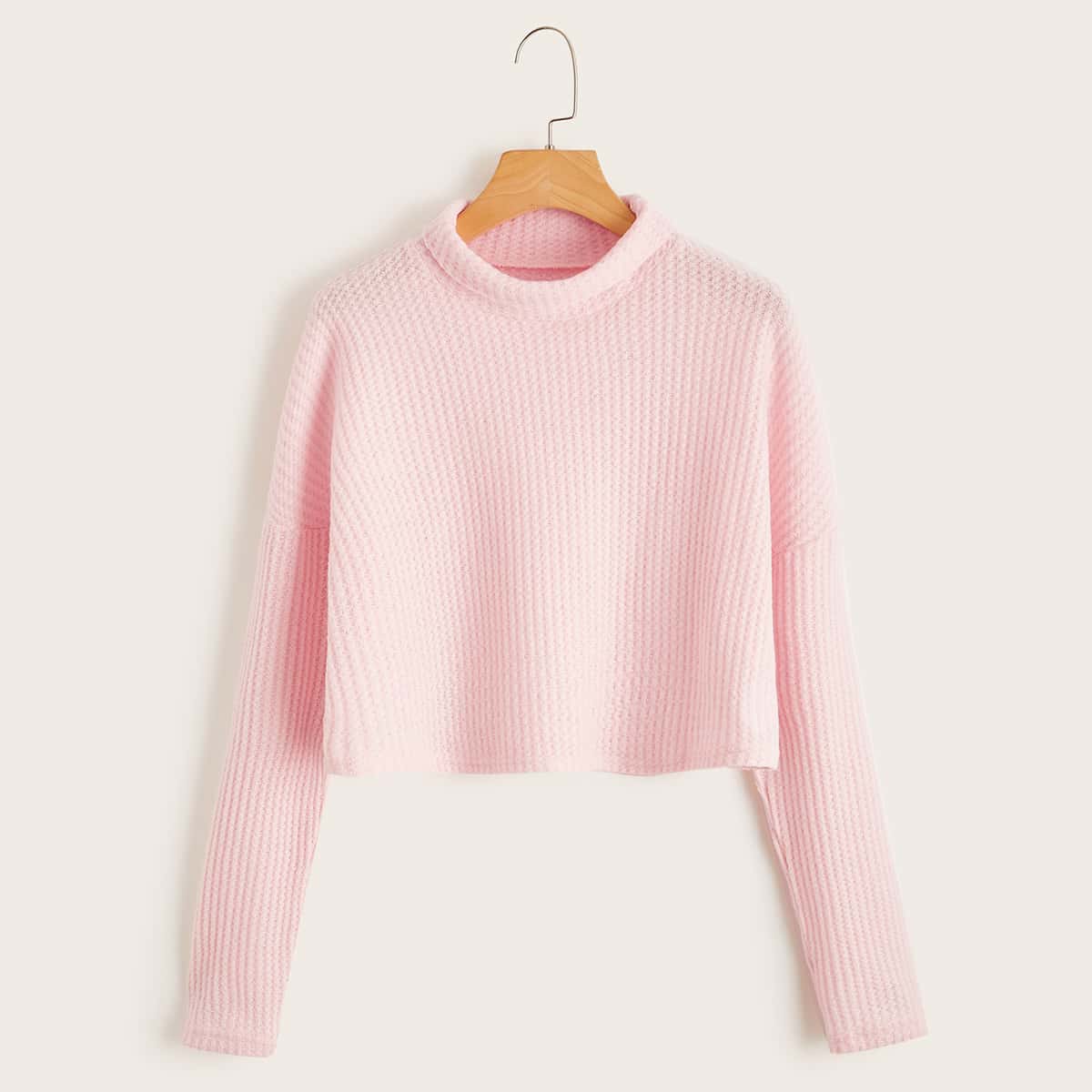 

Solid High Neck Crop Sweater, Baby pink