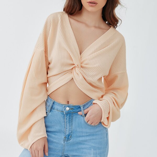 

Twist Front Lantern Sleeve Waffle Knit Crop Top, Pastel baby pink