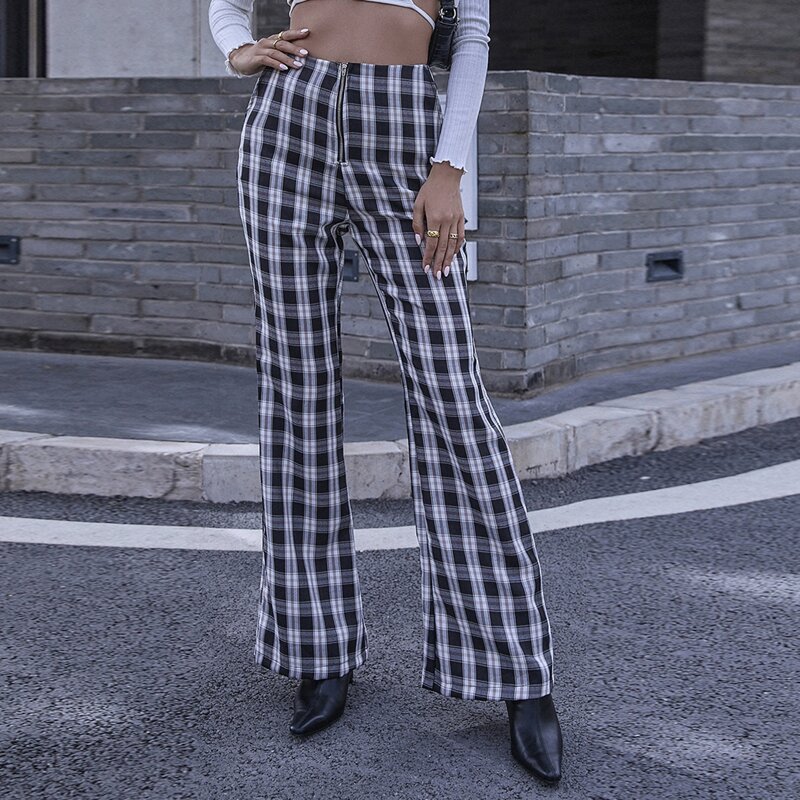 

Zip Fly Tartan Flare Leg Pants, Black and white