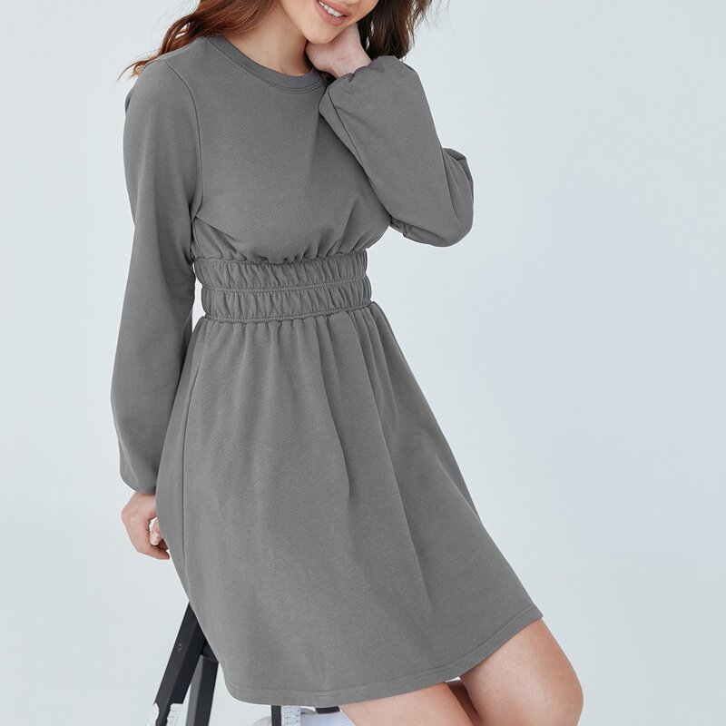 

Crinkle Waist Lantern Sleeve Dress, Grey