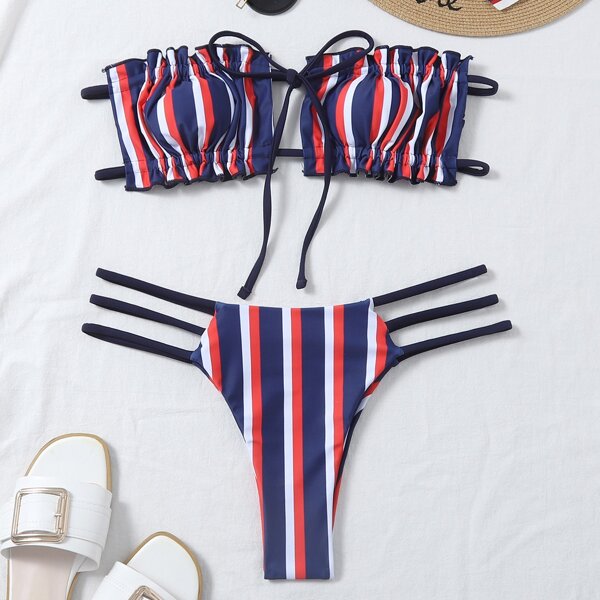 

Striped Ruched Frill Bikini Swimsuit, Multicolor