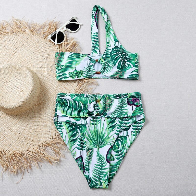 

Tropical Ring Linked One Shoulder Bikini Swimsuit, Green
