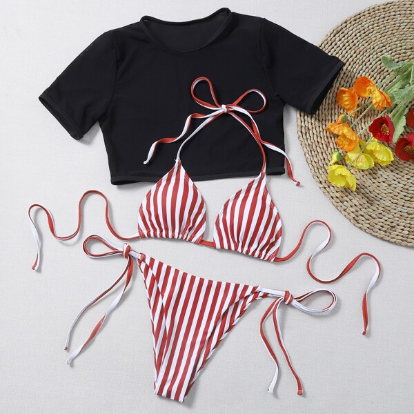 

3pack Striped Triangle Tie Side Bikini Swimsuit With Top, Multicolor