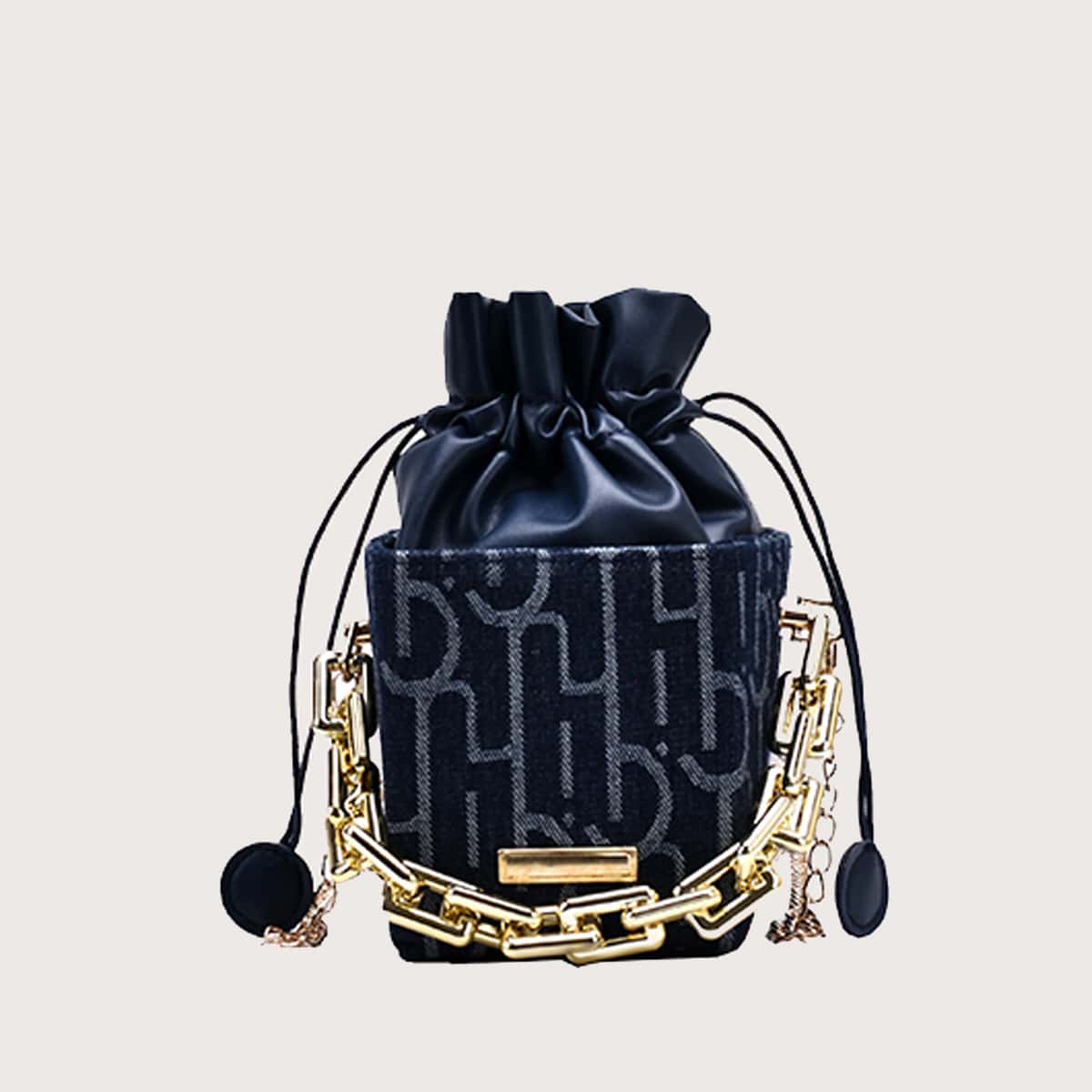 

Letter Graphic Chain Bucket Bag, Navy blue