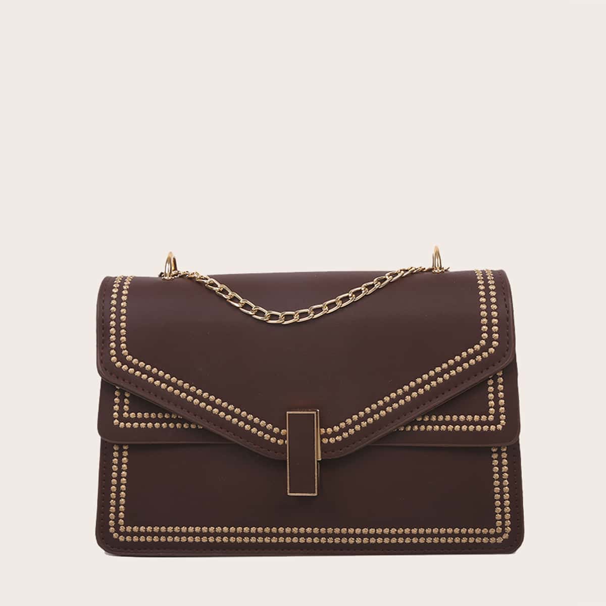 

Embroidery Trim Chain Shoulder Bag, Coffee brown