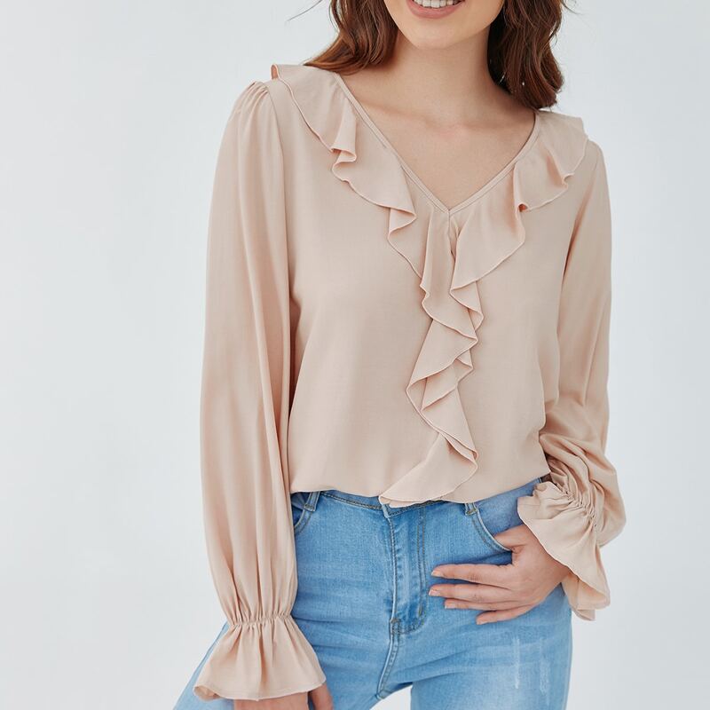 

V-neck Ruffle Trim Top, Pastel baby pink