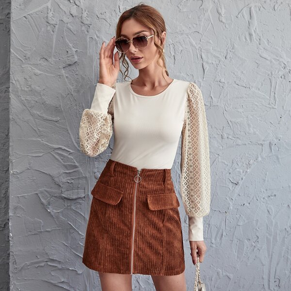 

Lace Lantern Sleeve Fitted Top, Apricot