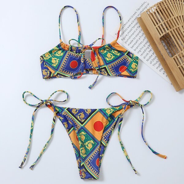 

Allover Graphic Underwire Tie Side Bikini Swimsuit, Multicolor