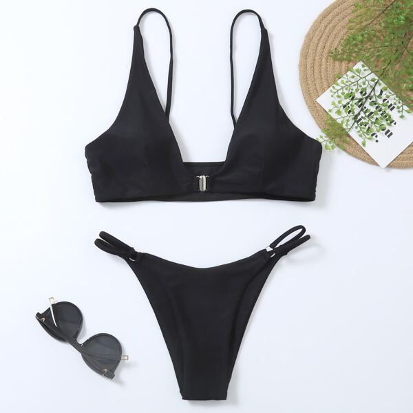 

Plain Ring Linked Thong Bikini Swimsuit, Black