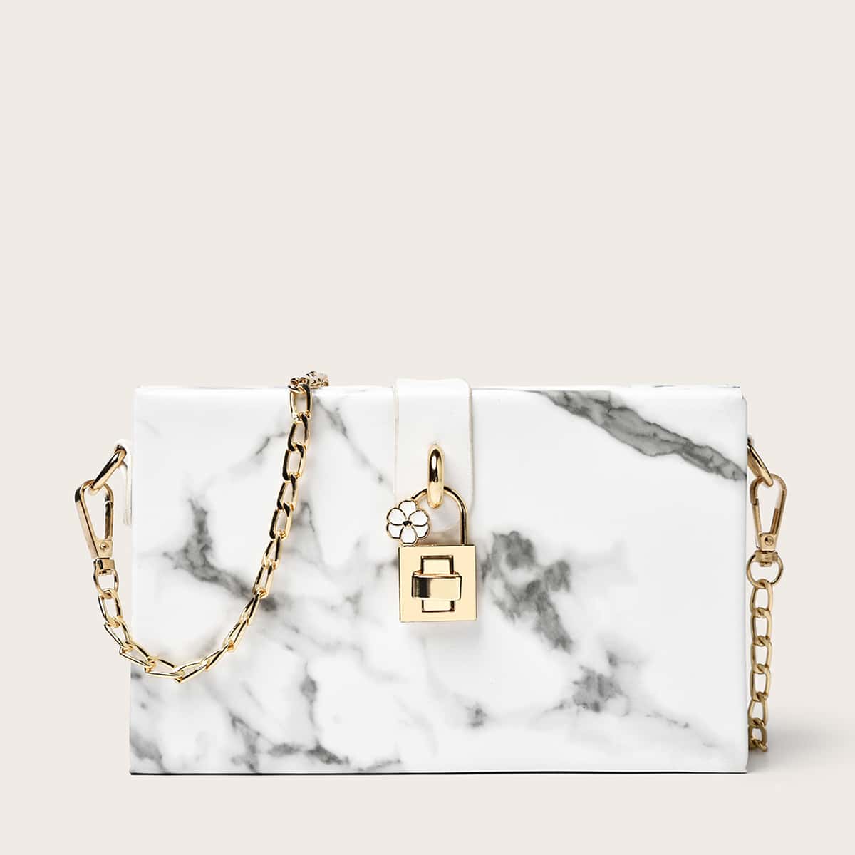 

Marble Pattern Chain Box Bag, White