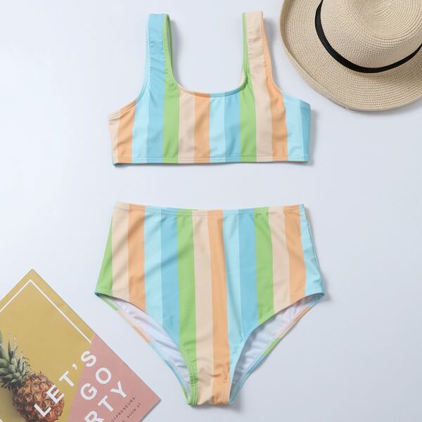 

Colorful Striped High Waisted Bikini Swimsuit, Multicolor