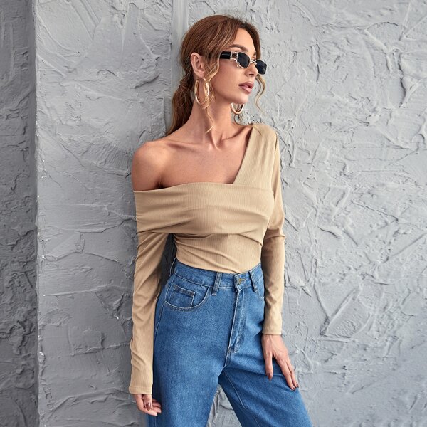 

Asymmetrical Neck Rib-knit Tee, Khaki