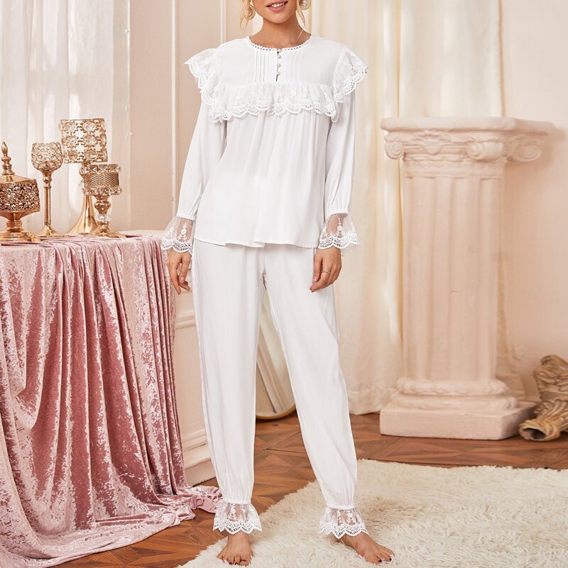 

Lace Trim Pleated Detail Pajama Set, White