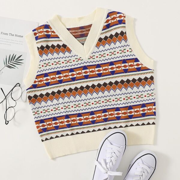 

V-neck Geo Crop Knit Top, Multicolor