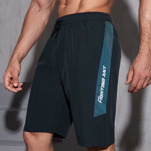 

Men Letter Graphic Drawstring Waist Athletic Shorts, Dark grey