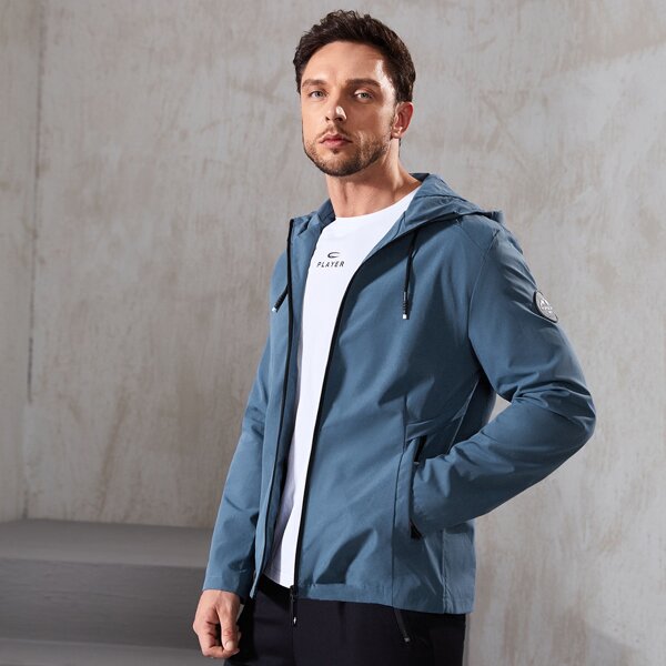 

Men Letter Patched Zip Up Hooded Sports Jacket, Dusty blue