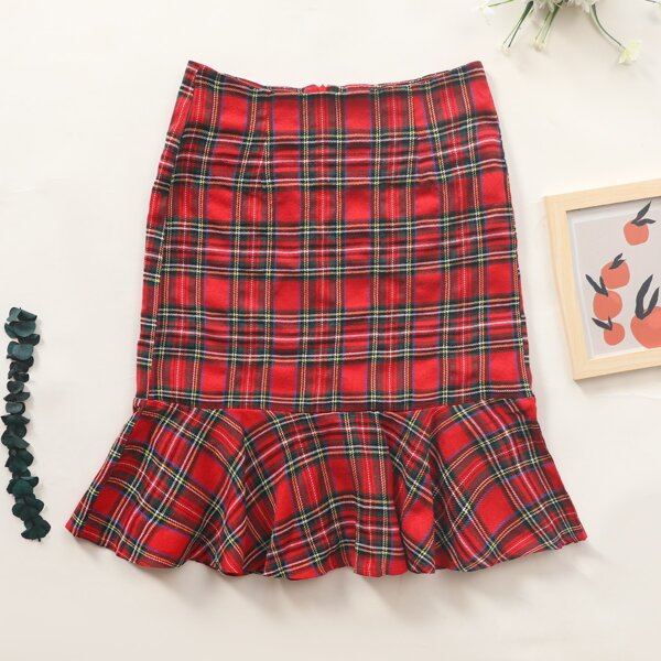 

Tartan Print Ruffle Hem Skirt, Red