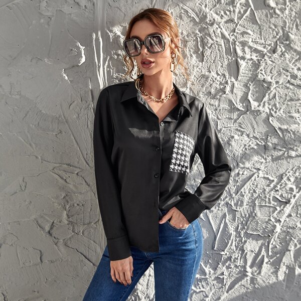 

Collared Houndstooth Pocket Front Blouse, Black