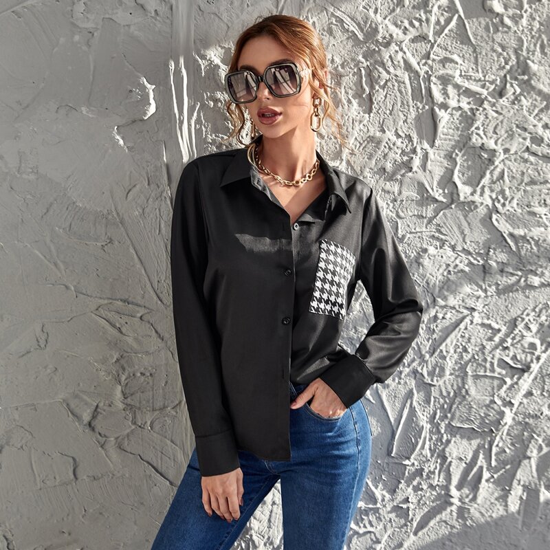 

Collared Houndstooth Pocket Front Blouse, Black