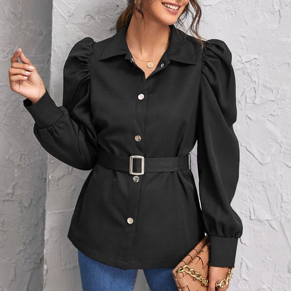

Puff Sleeve Self Belted Blazer, Black
