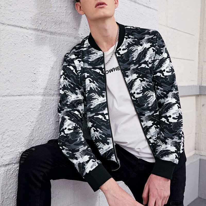 

Guys All Over Print Zip Up Bomber Jacket, Black