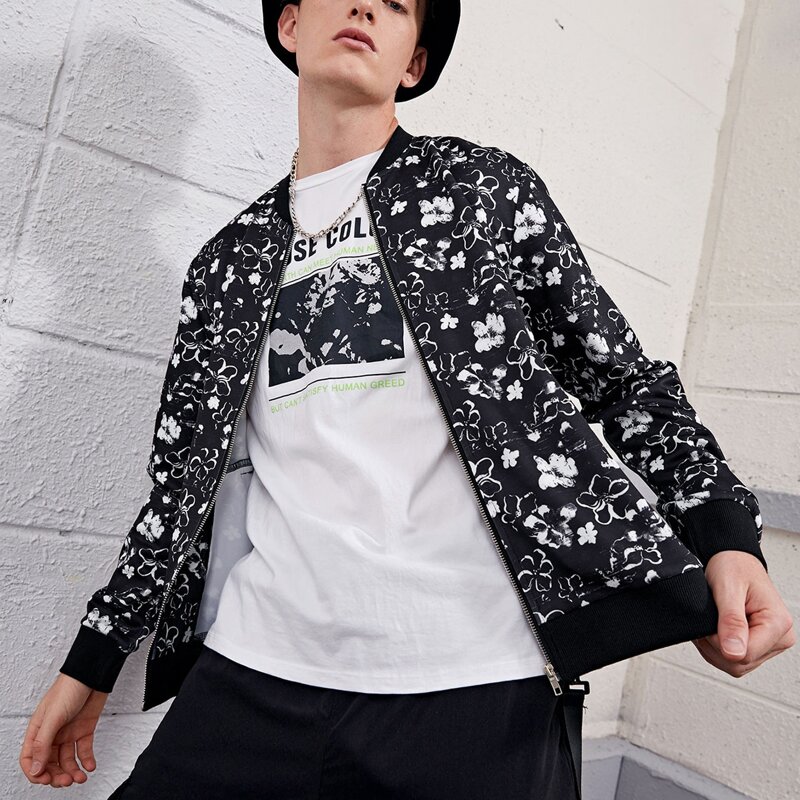 

Guys Flower All Over Print Zip Up Bomber Jacket, Black