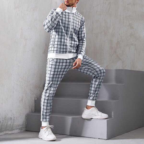

Men Plaid Sports Jacket & Side Stripe Sweatpants, Multicolor