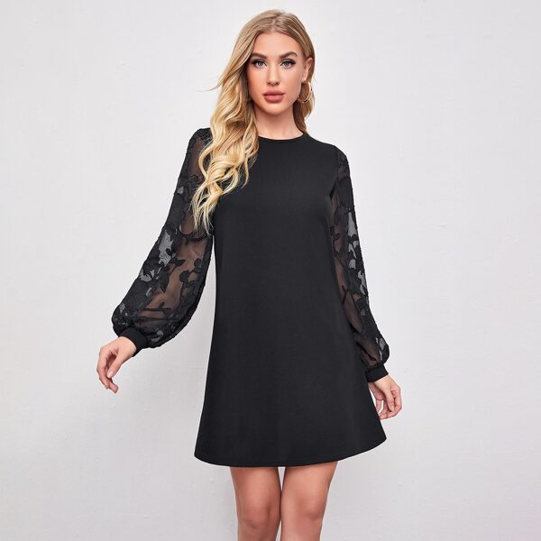 

Floral Applique Sheer Lantern Sleeve Dress, Black