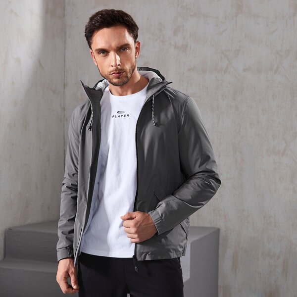 

Men Drawstring Zip-up Hooded Sports Jacket, Dark grey