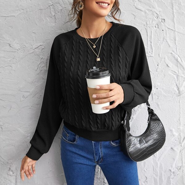 

Raglan Sleeve Cable Knit Pullover, Black