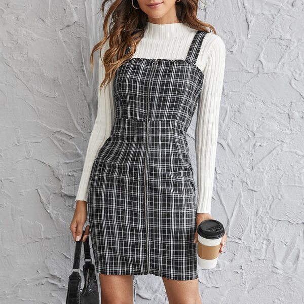 

Zip Up Plaid Print Dress, Black and white