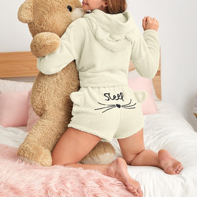 

Cartoon Embroidery 3D Ear Hooded Flannel Pajama Set, Beige