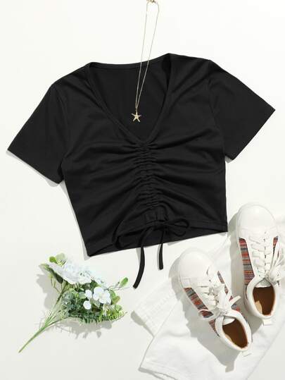 Solid Drawstring Ruched Crop Tee