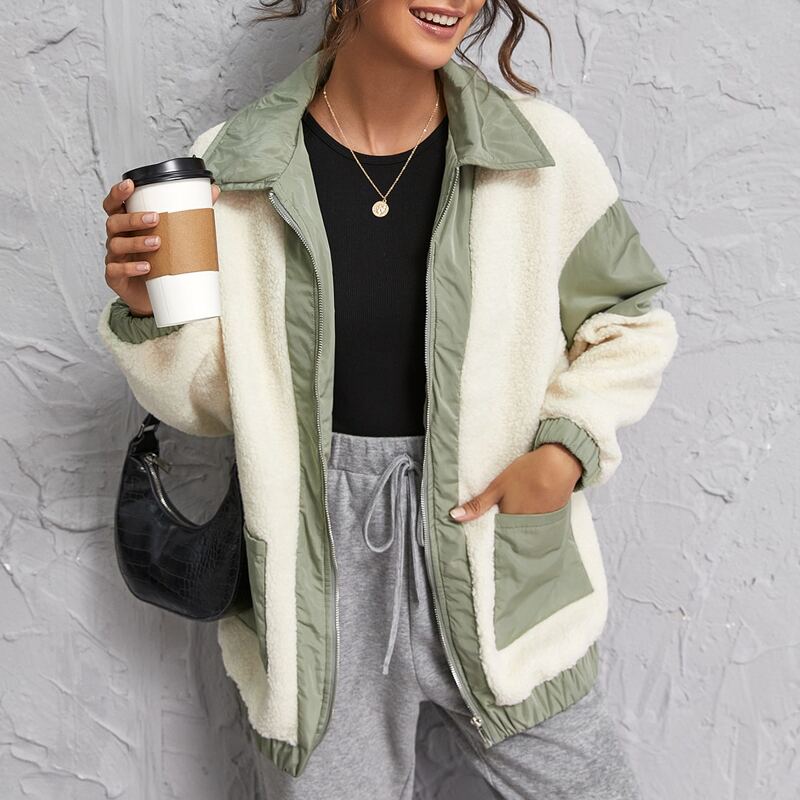

Zip Up Drop Shoulder Flap Pocket Colorblock Teddy Jacket, Beige